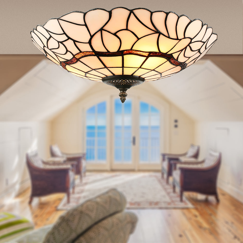 White/Beige Glass Bowl Flush Light Tiffany Style 3 Lights Flush Ceiling Light for Living Room White Clearhalo 'Ceiling Lights' 'Close To Ceiling Lights' 'Close to ceiling' 'Glass shade' 'Glass' 'Pendant Lights' 'Semi-flushmount' 'Tiffany close to ceiling' 'Tiffany' Lighting' 17288
