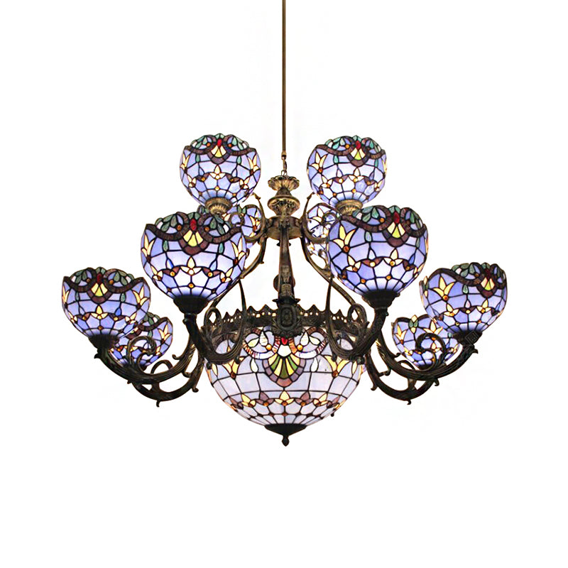 9/11/13 Lights Tiffany Stained Glass Chandelier Hanging Fixture in Blue with Bell and Dome Shade for Living Room Clearhalo 'Ceiling Lights' 'Chandeliers' 'Industrial' 'Middle Century Chandeliers' 'Tiffany Chandeliers' 'Tiffany close to ceiling' 'Tiffany' Lighting' 172881