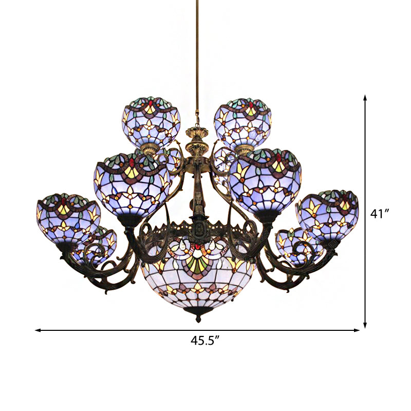 9/11/13 Lights Tiffany Stained Glass Chandelier Hanging Fixture in Blue with Bell and Dome Shade for Living Room Clearhalo 'Ceiling Lights' 'Chandeliers' 'Industrial' 'Middle Century Chandeliers' 'Tiffany Chandeliers' 'Tiffany close to ceiling' 'Tiffany' Lighting' 172882