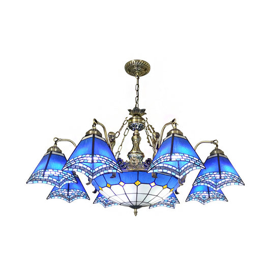 Blue 9/14 Lights Chandelier Light Tiffany Stained Glass Pyramid Pendant Lamp for Bedroom with Mermaid Deco Clearhalo 'Ceiling Lights' 'Chandeliers' 'Close To Ceiling Lights' 'Industrial' 'Middle Century Chandeliers' 'Tiffany Chandeliers' 'Tiffany close to ceiling' 'Tiffany' Lighting' 172896
