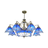 Blue 9/14 Lights Chandelier Light Tiffany Stained Glass Pyramid Pendant Lamp for Bedroom with Mermaid Deco Clearhalo 'Ceiling Lights' 'Chandeliers' 'Close To Ceiling Lights' 'Industrial' 'Middle Century Chandeliers' 'Tiffany Chandeliers' 'Tiffany close to ceiling' 'Tiffany' Lighting' 172896