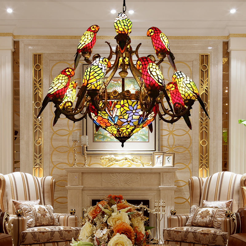 Multi Color Parrot Chandelier Lighting Lodge Style Stained Glass Hanging Pendant Light Antique Bronze Clearhalo 'Ceiling Lights' 'Chandeliers' 'Close To Ceiling Lights' 'Industrial' 'Middle Century Chandeliers' 'Tiffany Chandeliers' 'Tiffany close to ceiling' 'Tiffany' Lighting' 172915