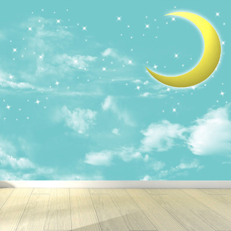 Moon and Stars Mural Decal Kid's Style Non-Woven Textured Wall Covering in Soft Color Clearhalo 'Wall Decor' 'Wall Mural' 1729331