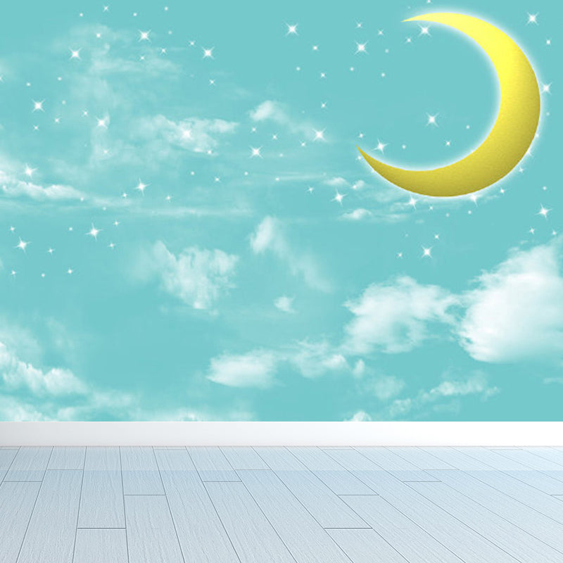Moon and Stars Mural Decal Kid's Style Non-Woven Textured Wall Covering in Soft Color Clearhalo 'Wall Decor' 'Wall Mural' 1729335