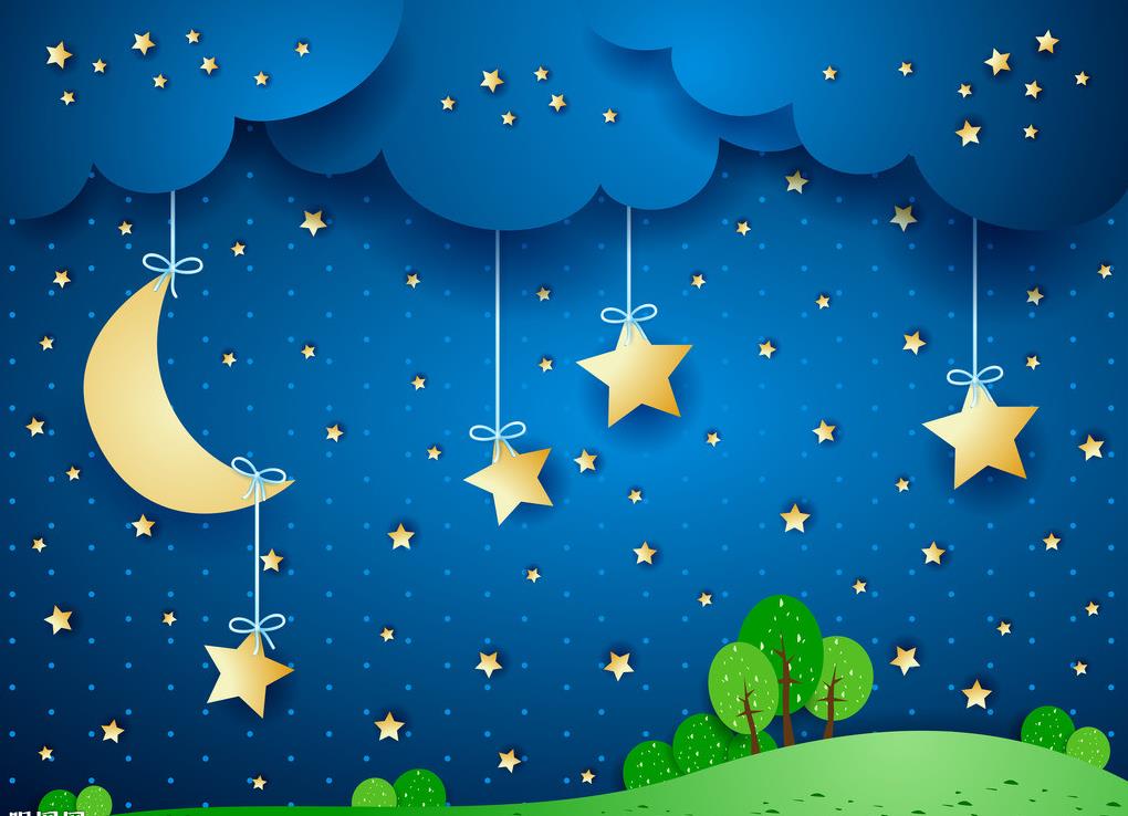 Moon and Stars Mural Decal Kid's Style Non-Woven Textured Wall Covering in Soft Color Dark Blue Clearhalo 'Wall Decor' 'Wall Mural' 1729338