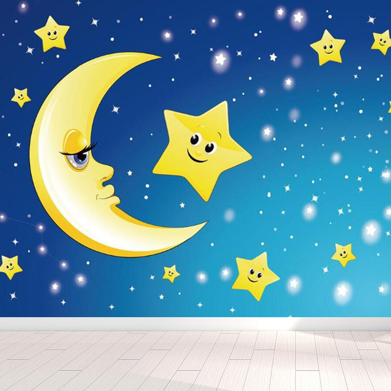 Moon and Stars Mural Decal Kid's Style Non-Woven Textured Wall Covering in Soft Color Clearhalo 'Wall Decor' 'Wall Mural' 1729340