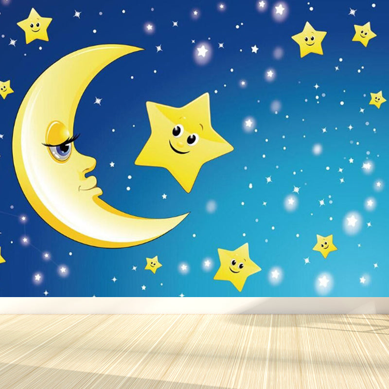 Moon and Stars Mural Decal Kid's Style Non-Woven Textured Wall Covering in Soft Color Clearhalo 'Wall Decor' 'Wall Mural' 1729342