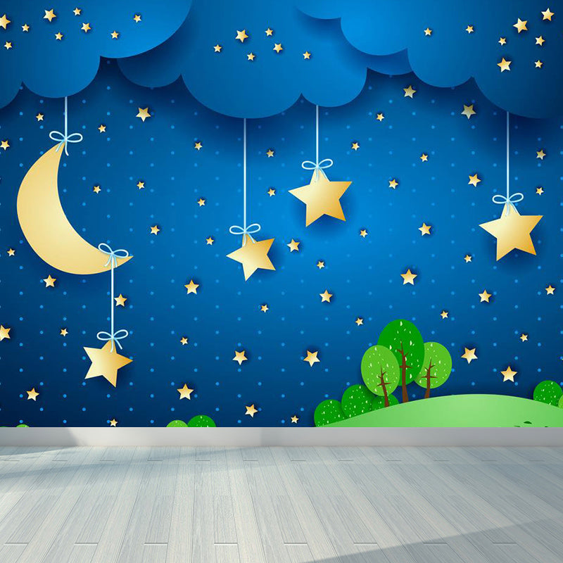 Moon and Stars Mural Decal Kid's Style Non-Woven Textured Wall Covering in Soft Color Clearhalo 'Wall Decor' 'Wall Mural' 1729345