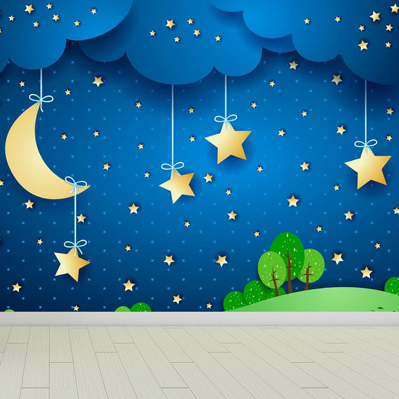 Moon and Stars Mural Decal Kid's Style Non-Woven Textured Wall Covering in Soft Color Clearhalo 'Wall Decor' 'Wall Mural' 1729346