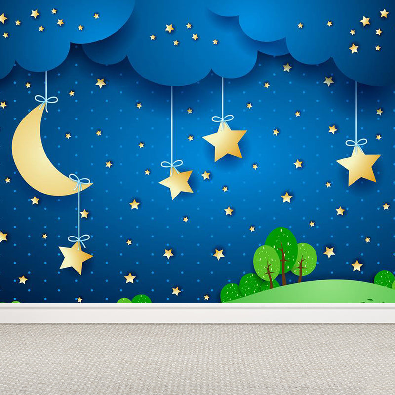 Moon and Stars Mural Decal Kid's Style Non-Woven Textured Wall Covering in Soft Color Clearhalo 'Wall Decor' 'Wall Mural' 1729347