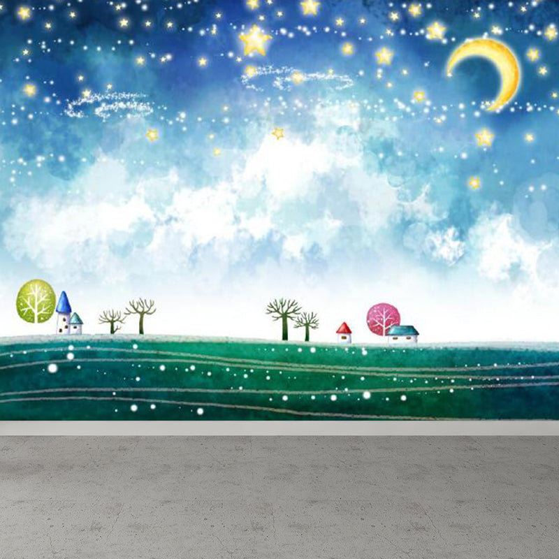 Moon and Stars Mural Decal Kid's Style Non-Woven Textured Wall Covering in Soft Color Clearhalo 'Wall Decor' 'Wall Mural' 1729356