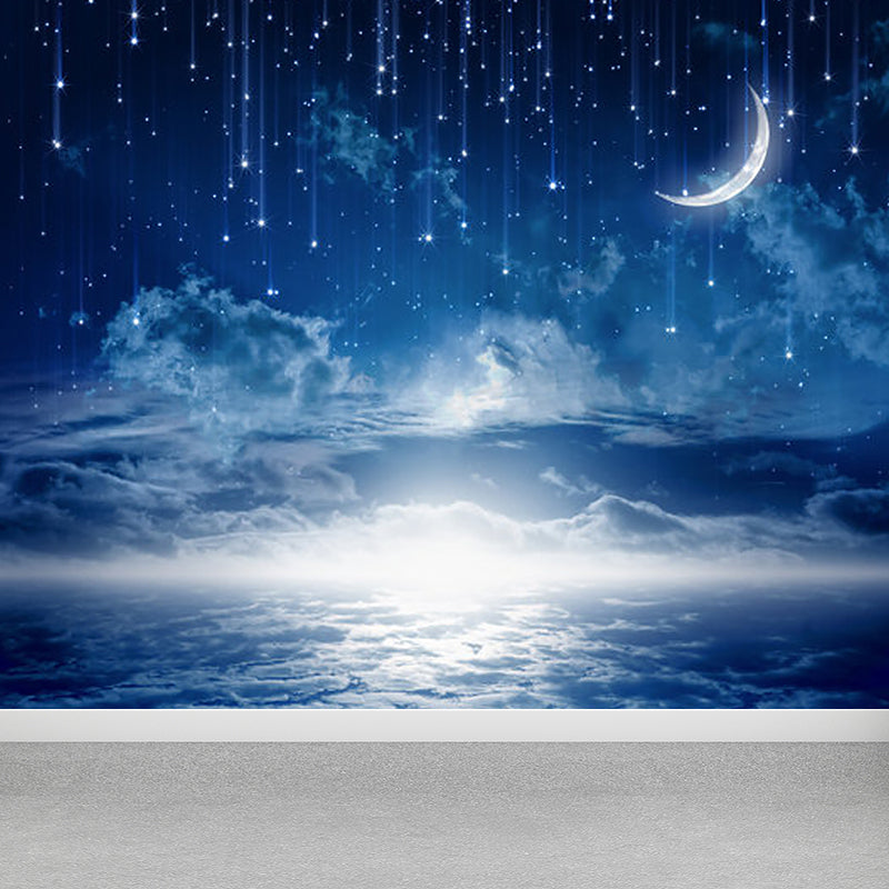 Bright Moon Scene Mural Wallpaper Contemporary Style Non-Woven Material Wall Covering Dark Blue Clearhalo 'Wall Decor' 'Wall Mural' 1729360