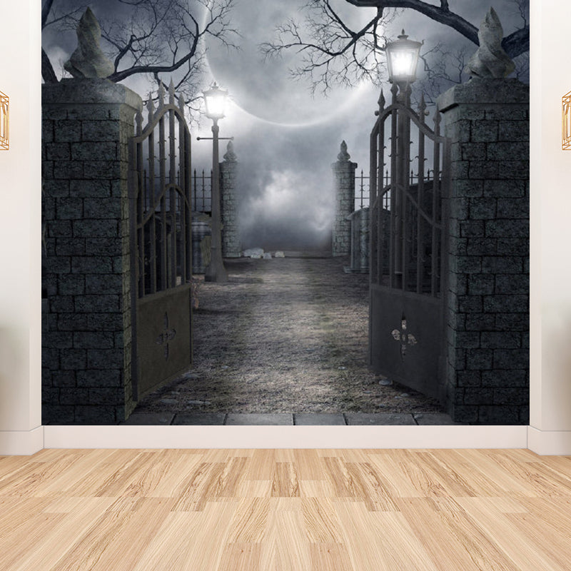 Bright Moon Scene Mural Wallpaper Contemporary Style Non-Woven Material Wall Covering Black Clearhalo 'Wall Decor' 'Wall Mural' 1729370