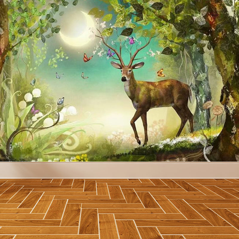 Bright Moon Scene Mural Wallpaper Contemporary Style Non-Woven Material Wall Covering Green Clearhalo 'Wall Decor' 'Wall Mural' 1729380