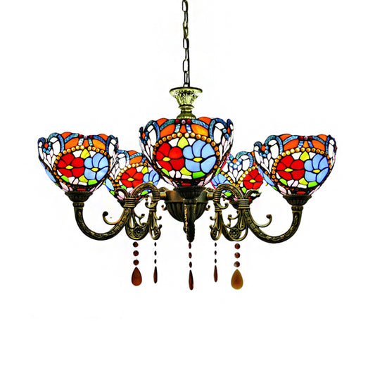 Rustic Vintage Floral Chandelier Lighting with Adjustable Chain Stained Glass Hanging Light Clearhalo 'Ceiling Lights' 'Chandeliers' 'Industrial' 'Middle Century Chandeliers' 'Pendant Lights' 'Tiffany Chandeliers' 'Tiffany close to ceiling' 'Tiffany' Lighting' 172949