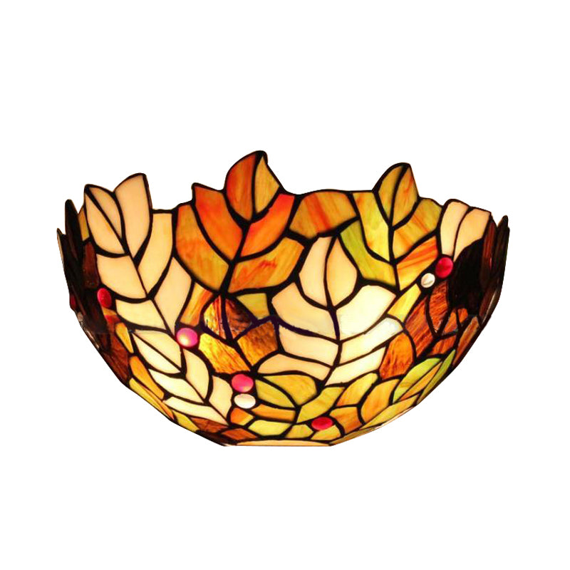 Leaf Wall Light with Stained Glass Bowl Shade 2 Bulbs Lodge Style Sconce Lighting Clearhalo 'Industrial' 'Middle century wall lights' 'Tiffany wall lights' 'Tiffany' 'Wall Lamps & Sconces' 'Wall Lights' Lighting' 172964