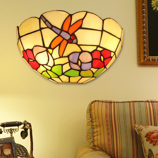 Dragonfly Wall Sconce Light Lodge Stained Glass 2 Bulbs Wall Mount Light with Bowl Shade Beige Clearhalo 'Industrial' 'Middle century wall lights' 'Tiffany wall lights' 'Tiffany' 'Wall Lamps & Sconces' 'Wall Lights' Lighting' 172966