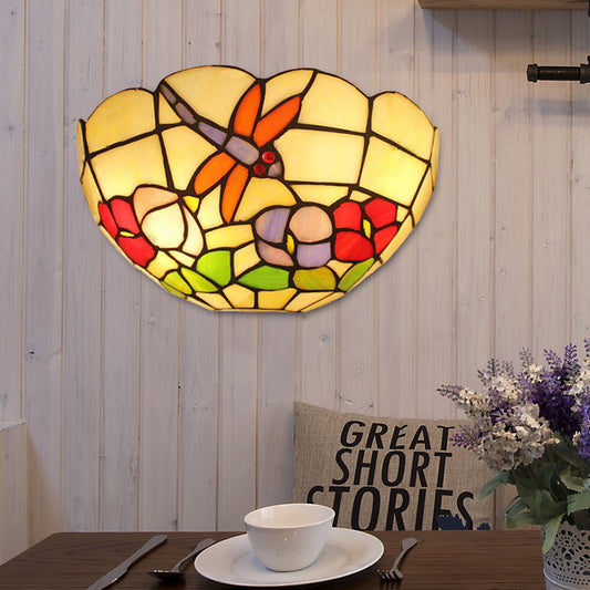 Dragonfly Wall Sconce Light Lodge Stained Glass 2 Bulbs Wall Mount Light with Bowl Shade Clearhalo 'Industrial' 'Middle century wall lights' 'Tiffany wall lights' 'Tiffany' 'Wall Lamps & Sconces' 'Wall Lights' Lighting' 172967