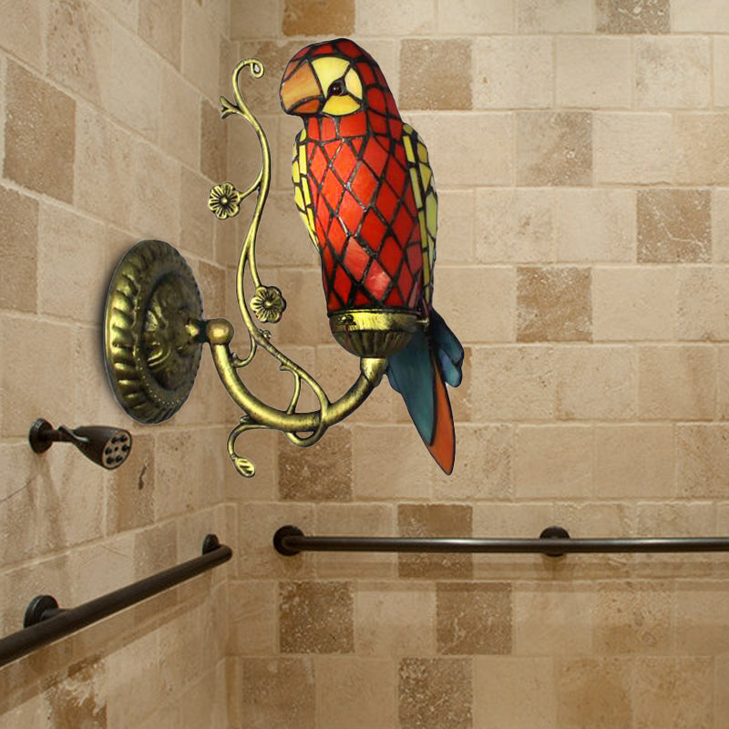 Rustic Vintage Red/Blue Parrot Wall Light Stained Glass 1 Light Wall Sconce Lighting in Brass Red Clearhalo 'Industrial' 'Middle century wall lights' 'Tiffany wall lights' 'Tiffany' 'Wall Lamps & Sconces' 'Wall Lights' Lighting' 172974