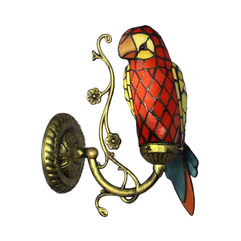 Rustic Vintage Red/Blue Parrot Wall Light Stained Glass 1 Light Wall Sconce Lighting in Brass Clearhalo 'Industrial' 'Middle century wall lights' 'Tiffany wall lights' 'Tiffany' 'Wall Lamps & Sconces' 'Wall Lights' Lighting' 172976