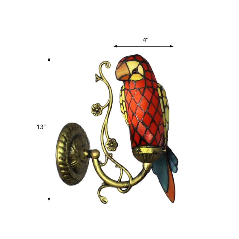 Rustic Vintage Red/Blue Parrot Wall Light Stained Glass 1 Light Wall Sconce Lighting in Brass Clearhalo 'Industrial' 'Middle century wall lights' 'Tiffany wall lights' 'Tiffany' 'Wall Lamps & Sconces' 'Wall Lights' Lighting' 172977
