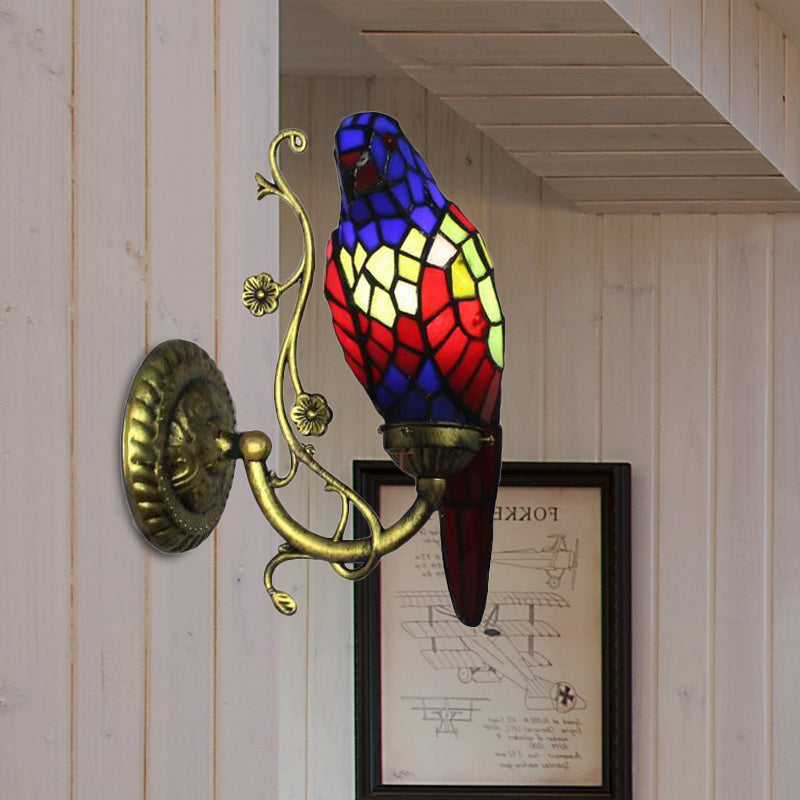 Rustic Vintage Red/Blue Parrot Wall Light Stained Glass 1 Light Wall Sconce Lighting in Brass Blue Clearhalo 'Industrial' 'Middle century wall lights' 'Tiffany wall lights' 'Tiffany' 'Wall Lamps & Sconces' 'Wall Lights' Lighting' 172978