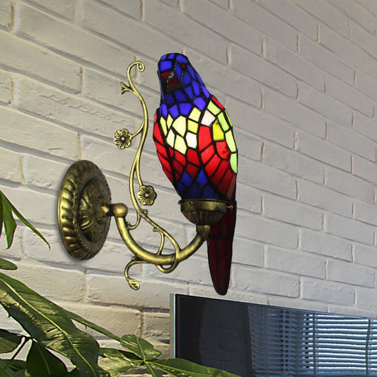 Rustic Vintage Red/Blue Parrot Wall Light Stained Glass 1 Light Wall Sconce Lighting in Brass Clearhalo 'Industrial' 'Middle century wall lights' 'Tiffany wall lights' 'Tiffany' 'Wall Lamps & Sconces' 'Wall Lights' Lighting' 172979