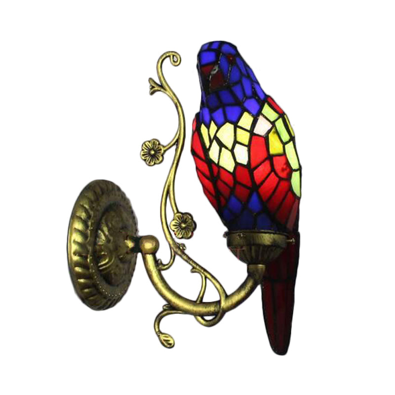 Rustic Vintage Red/Blue Parrot Wall Light Stained Glass 1 Light Wall Sconce Lighting in Brass Clearhalo 'Industrial' 'Middle century wall lights' 'Tiffany wall lights' 'Tiffany' 'Wall Lamps & Sconces' 'Wall Lights' Lighting' 172980