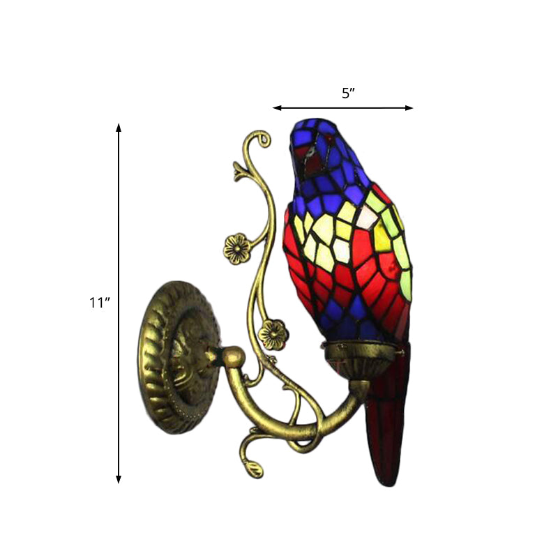 Rustic Vintage Red/Blue Parrot Wall Light Stained Glass 1 Light Wall Sconce Lighting in Brass Clearhalo 'Industrial' 'Middle century wall lights' 'Tiffany wall lights' 'Tiffany' 'Wall Lamps & Sconces' 'Wall Lights' Lighting' 172981