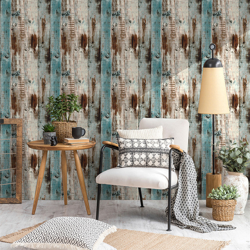 Distressed Wood Wallpaper Roll Brown and Blue Farmhouse Wall Art for Home, Stick On Brown Clearhalo 'Country wall decor' 'Rustic' 'Wallpaper' Wall Decor' 1729964