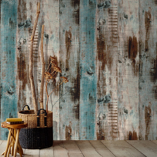 Distressed Wood Wallpaper Roll Brown and Blue Farmhouse Wall Art for Home, Stick On Clearhalo 'Country wall decor' 'Rustic' 'Wallpaper' Wall Decor' 1729966