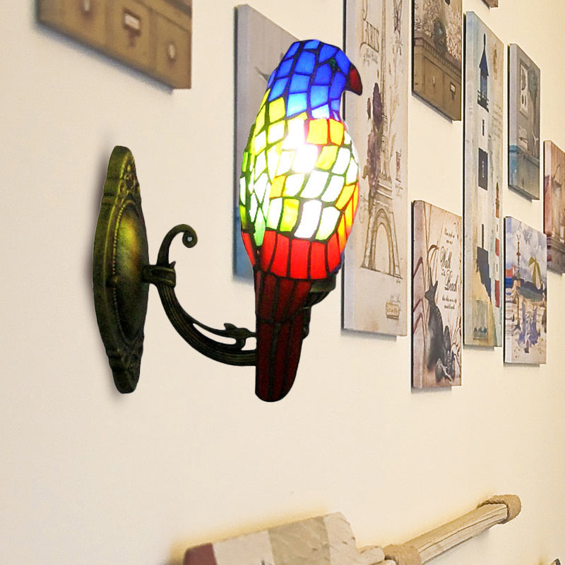 1 Head Parrot Wall Lamp Lodge Style Stained Glass Wall Sconce in Brass for Living Room Clearhalo 'Industrial' 'Middle century wall lights' 'Tiffany wall lights' 'Tiffany' 'Wall Lamps & Sconces' 'Wall Lights' Lighting' 173011