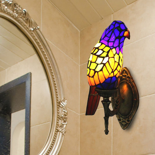 1 Head Parrot Wall Lamp Lodge Style Stained Glass Wall Sconce in Brass for Living Room Blue A Clearhalo 'Industrial' 'Middle century wall lights' 'Tiffany wall lights' 'Tiffany' 'Wall Lamps & Sconces' 'Wall Lights' Lighting' 173014