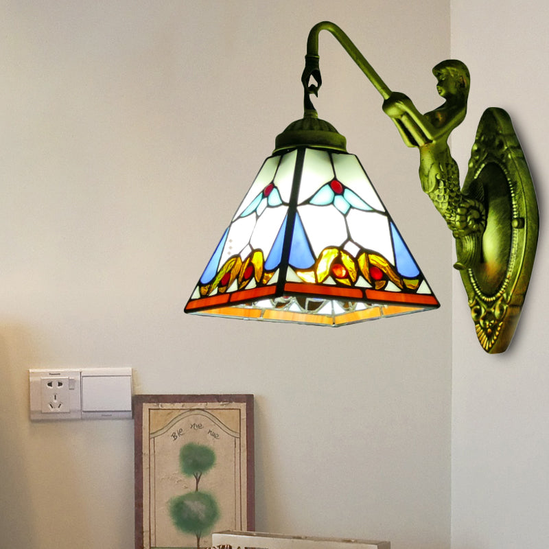 Stained Glass Trapezoid Wall Light Fixture Baroque 1 Head Brass Sconce Light with Mermaid Backplate Brass Clearhalo 'Industrial' 'Middle century wall lights' 'Tiffany wall lights' 'Tiffany' 'Wall Lamps & Sconces' 'Wall Lights' Lighting' 173017
