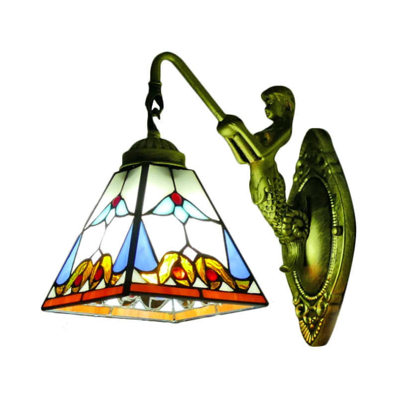 Stained Glass Trapezoid Wall Light Fixture Baroque 1 Head Brass Sconce Light with Mermaid Backplate Clearhalo 'Industrial' 'Middle century wall lights' 'Tiffany wall lights' 'Tiffany' 'Wall Lamps & Sconces' 'Wall Lights' Lighting' 173019