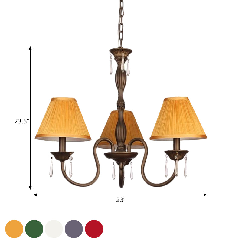 3 Lights Ceiling Lamp with Tapered Fabric Shade Traditional Bedroom Chandelier Pendant Light in Beige/Red/Yellow Clearhalo 'Ceiling Lights' 'Chandeliers' Lighting' options 1730343