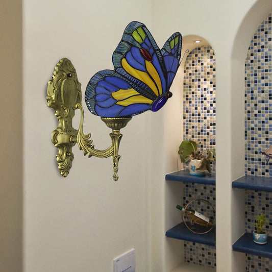 Brass Finish Butterfly Wall Light Fixture Lodge Stained Glass 1-Bulb Wall Lighting in Red/Blue Clearhalo 'Industrial' 'Middle century wall lights' 'Tiffany wall lights' 'Tiffany' 'Wall Lamps & Sconces' 'Wall Lights' Lighting' 173034