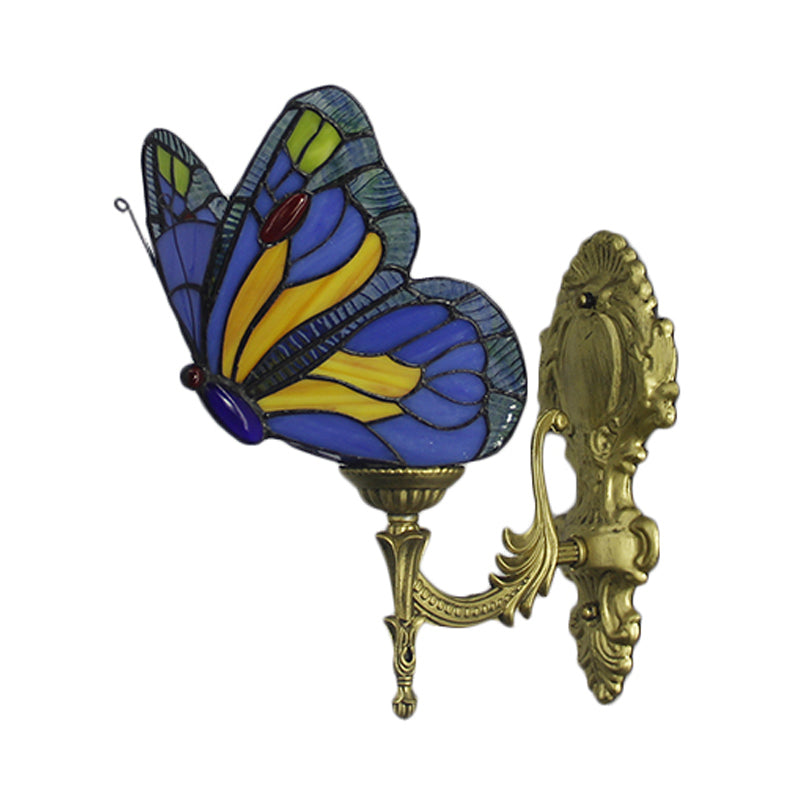 Brass Finish Butterfly Wall Light Fixture Lodge Stained Glass 1-Bulb Wall Lighting in Red/Blue Clearhalo 'Industrial' 'Middle century wall lights' 'Tiffany wall lights' 'Tiffany' 'Wall Lamps & Sconces' 'Wall Lights' Lighting' 173035