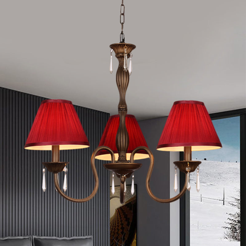 3 Lights Ceiling Lamp with Tapered Fabric Shade Traditional Bedroom Chandelier Pendant Light in Beige/Red/Yellow Clearhalo 'Ceiling Lights' 'Chandeliers' Lighting' options 1730356
