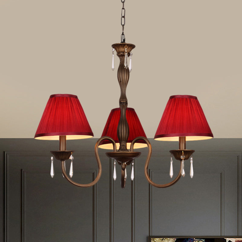 3 Lights Ceiling Lamp with Tapered Fabric Shade Traditional Bedroom Chandelier Pendant Light in Beige/Red/Yellow Clearhalo 'Ceiling Lights' 'Chandeliers' Lighting' options 1730357