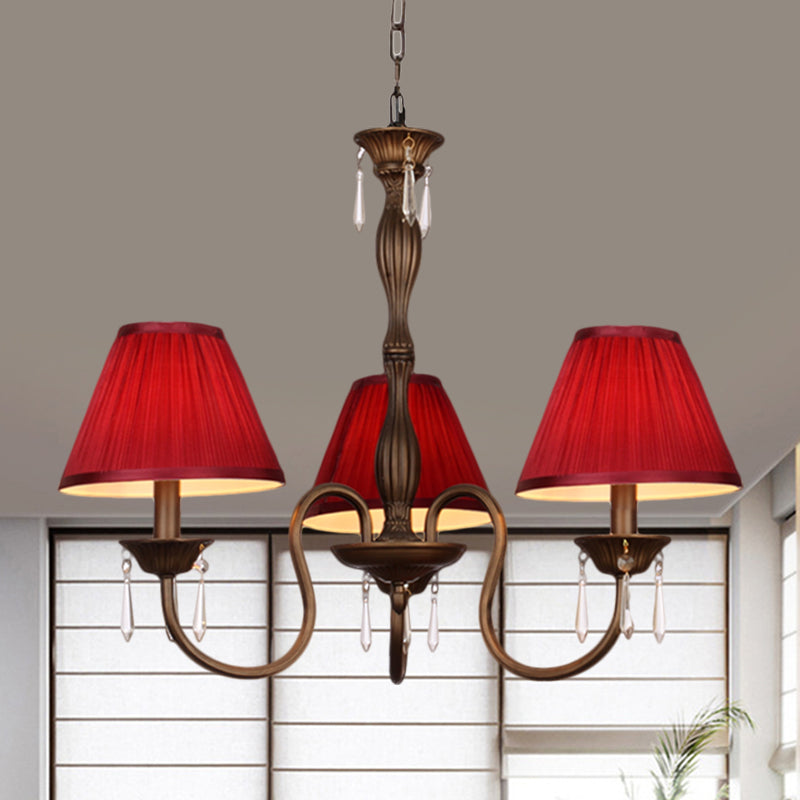 3 Lights Ceiling Lamp with Tapered Fabric Shade Traditional Bedroom Chandelier Pendant Light in Beige/Red/Yellow Clearhalo 'Ceiling Lights' 'Chandeliers' Lighting' options 1730358