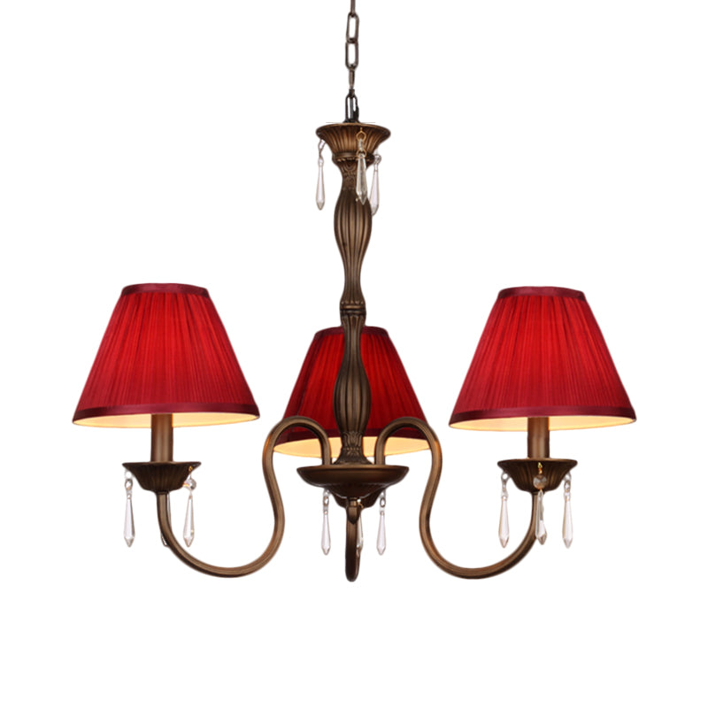 3 Lights Ceiling Lamp with Tapered Fabric Shade Traditional Bedroom Chandelier Pendant Light in Beige/Red/Yellow Clearhalo 'Ceiling Lights' 'Chandeliers' Lighting' options 1730359