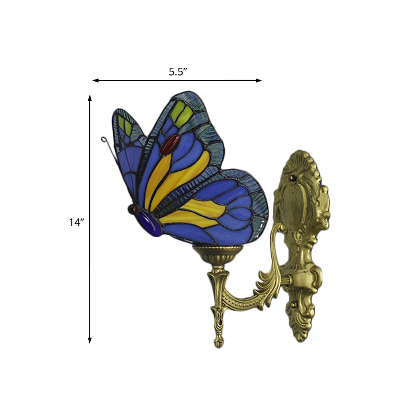 Brass Finish Butterfly Wall Light Fixture Lodge Stained Glass 1-Bulb Wall Lighting in Red/Blue Clearhalo 'Industrial' 'Middle century wall lights' 'Tiffany wall lights' 'Tiffany' 'Wall Lamps & Sconces' 'Wall Lights' Lighting' 173036
