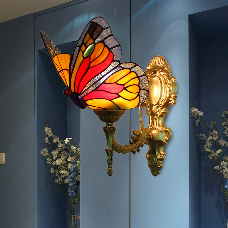 Brass Finish Butterfly Wall Light Fixture Lodge Stained Glass 1-Bulb Wall Lighting in Red/Blue Red Clearhalo 'Industrial' 'Middle century wall lights' 'Tiffany wall lights' 'Tiffany' 'Wall Lamps & Sconces' 'Wall Lights' Lighting' 173037