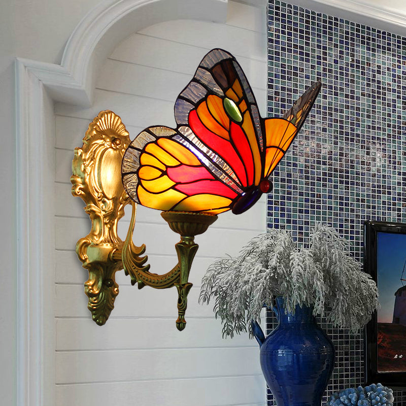 Brass Finish Butterfly Wall Light Fixture Lodge Stained Glass 1-Bulb Wall Lighting in Red/Blue Clearhalo 'Industrial' 'Middle century wall lights' 'Tiffany wall lights' 'Tiffany' 'Wall Lamps & Sconces' 'Wall Lights' Lighting' 173038