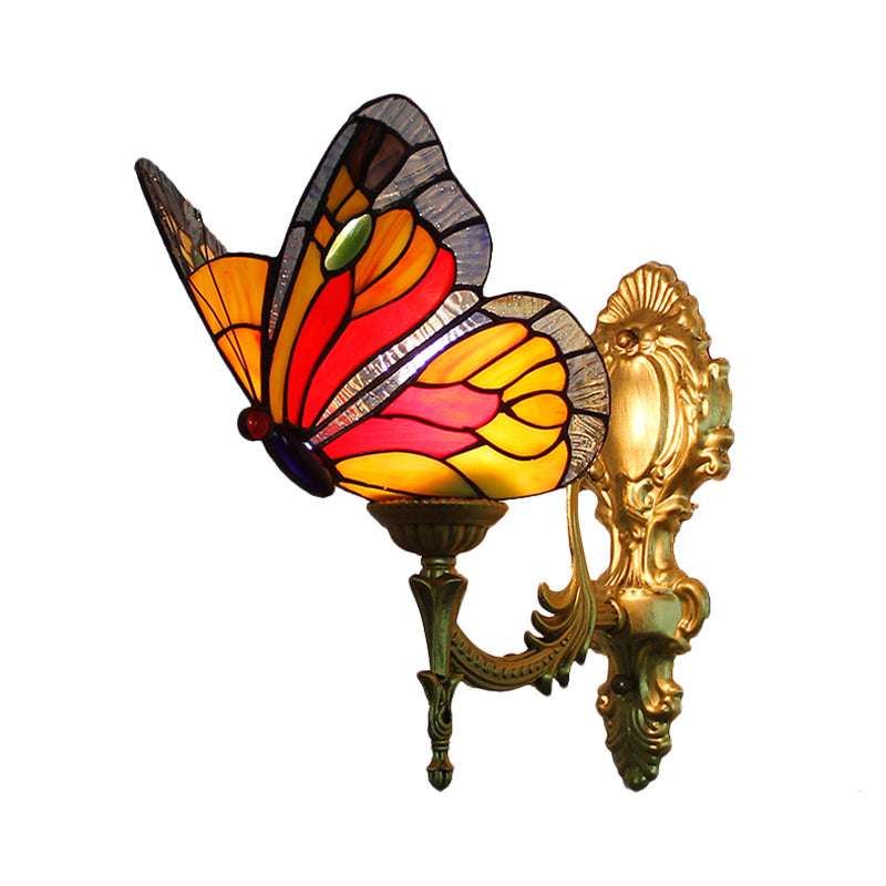 Brass Finish Butterfly Wall Light Fixture Lodge Stained Glass 1-Bulb Wall Lighting in Red/Blue Clearhalo 'Industrial' 'Middle century wall lights' 'Tiffany wall lights' 'Tiffany' 'Wall Lamps & Sconces' 'Wall Lights' Lighting' 173039