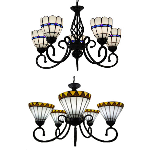 Stained Glass Chandelier Light with Curved Arm Tiffany Style 5 Lights Pendant Lamp in Yellow/Blue Clearhalo 'Ceiling Lights' 'Chandeliers' 'Close To Ceiling Lights' 'Industrial' 'Middle Century Chandeliers' 'Tiffany Chandeliers' 'Tiffany close to ceiling' 'Tiffany' Lighting' 17305