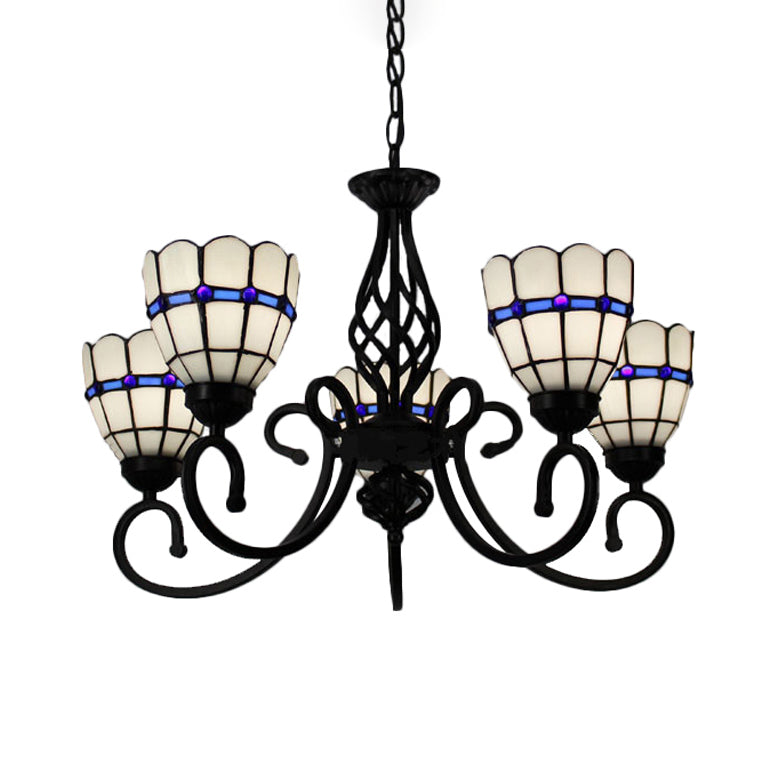 Stained Glass Chandelier Light with Curved Arm Tiffany Style 5 Lights Pendant Lamp in Yellow/Blue Blue Clearhalo 'Ceiling Lights' 'Chandeliers' 'Close To Ceiling Lights' 'Industrial' 'Middle Century Chandeliers' 'Tiffany Chandeliers' 'Tiffany close to ceiling' 'Tiffany' Lighting' 17306