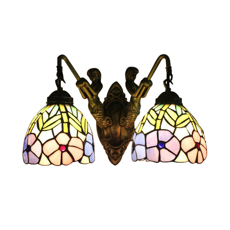 Tiffany Peony Sconce Light Fixture 2 Heads Stained Glass Wall Mounted Light in Brass Clearhalo 'Industrial' 'Middle century wall lights' 'Tiffany wall lights' 'Tiffany' 'Wall Lamps & Sconces' 'Wall Lights' Lighting' 173062
