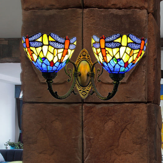 Vintage Rustic Dragonfly Wall Light Fixture 2 Lights Stained Glass Indoor Lighting Fixture in Brass Clearhalo 'Industrial' 'Middle century wall lights' 'Tiffany wall lights' 'Tiffany' 'Wall Lamps & Sconces' 'Wall Lights' Lighting' 173065